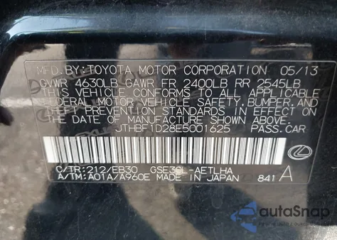 2014 Lexus Is 250 из США, поврежденный, VIN JTHBF1D28E5001625